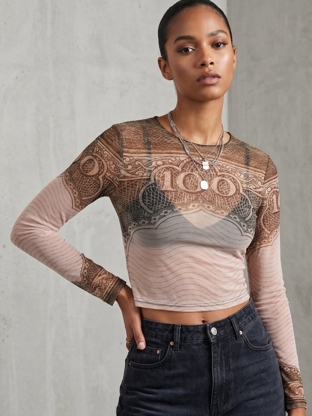 NIP | Sheer Mesh "100" Currency Print Top | Long Sleeve | Crew Neck | XL